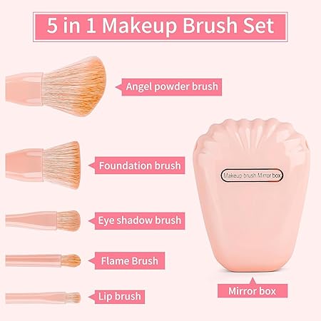 Miniso Sheel Shape Storage Box Makeup Brushes Set with Mirror (Pink)