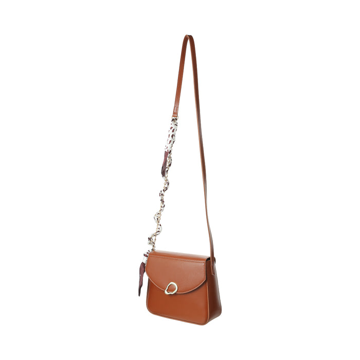 Miniso Flap Crossbody Bag with Silk Like Scarf and Chain Coffe