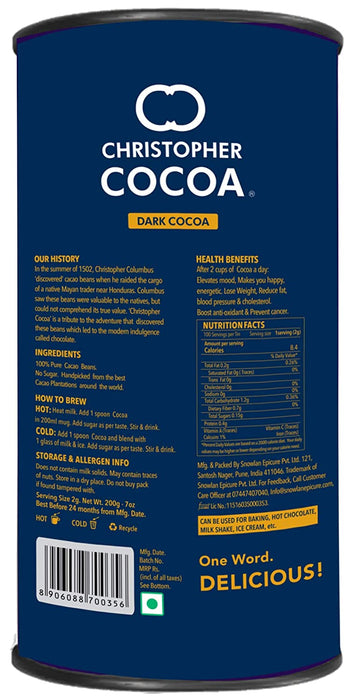 Christopher Cocoa, Dark Cocoa Powder, Unsweetened, (Bake, Cake, Hot Chocolate, Drinking Shakes), 200 g